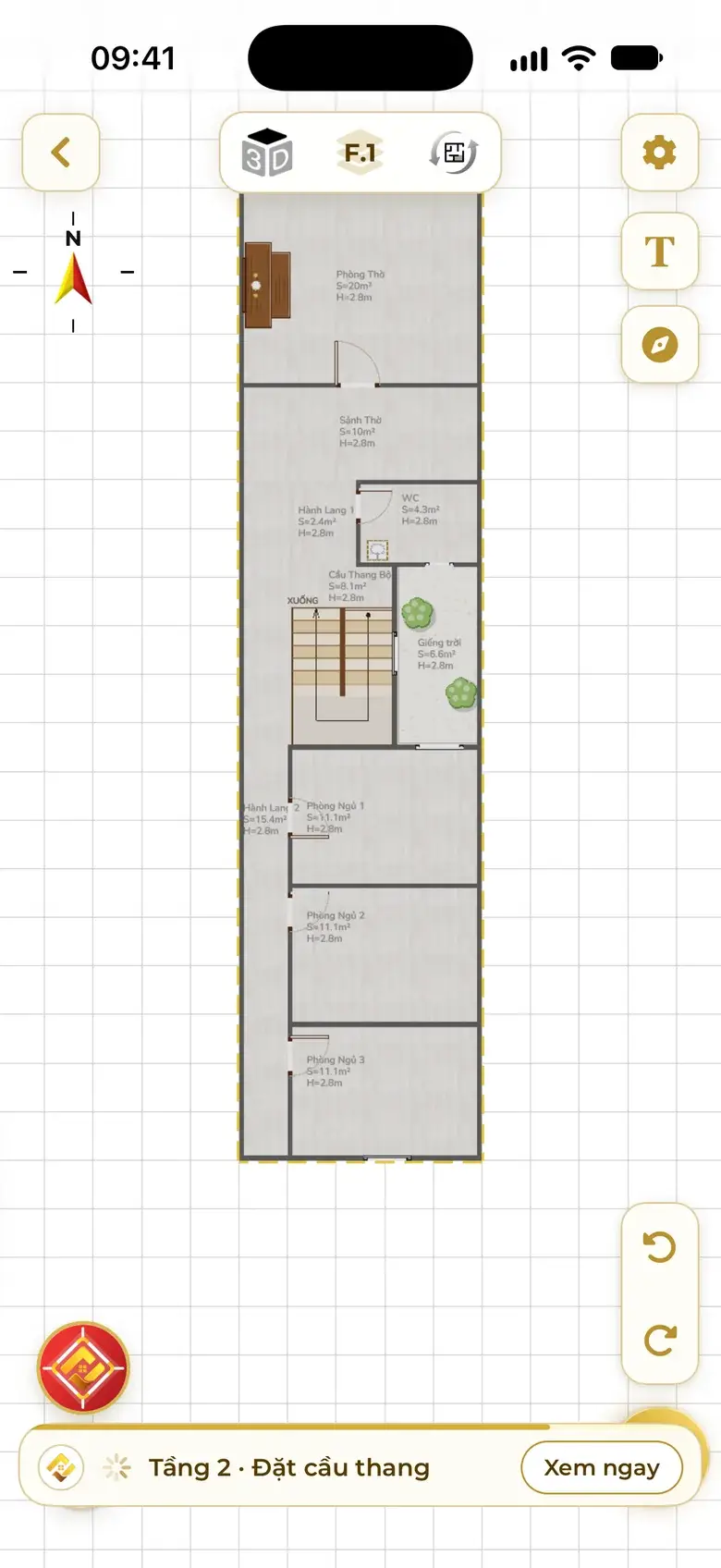 The assistant reads the sentence into tags — 5×20, 2 floors, 3 bedrooms, 2 WC, altar — and builds the home through Frame, Stairs, Rooms and Furniture
