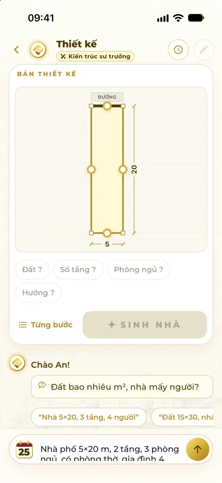 Design screen in the app: a user types one sentence describing the house into the assistant box.