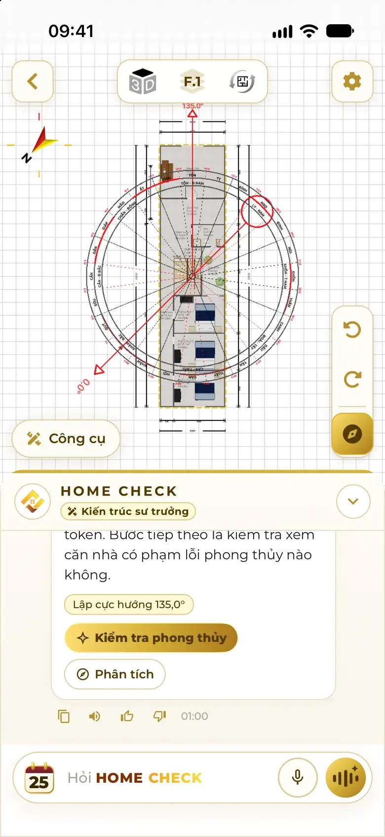 The assistant sets the compass to 135°: the 24-mountain compass turns with the house over the plan, a red bar points at the main door, a Check feng shui button