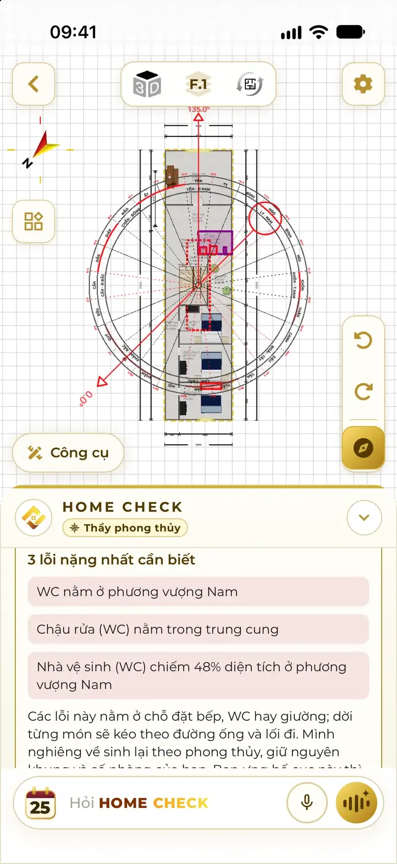 The plan during a feng shui check, with fault zones shaded red.