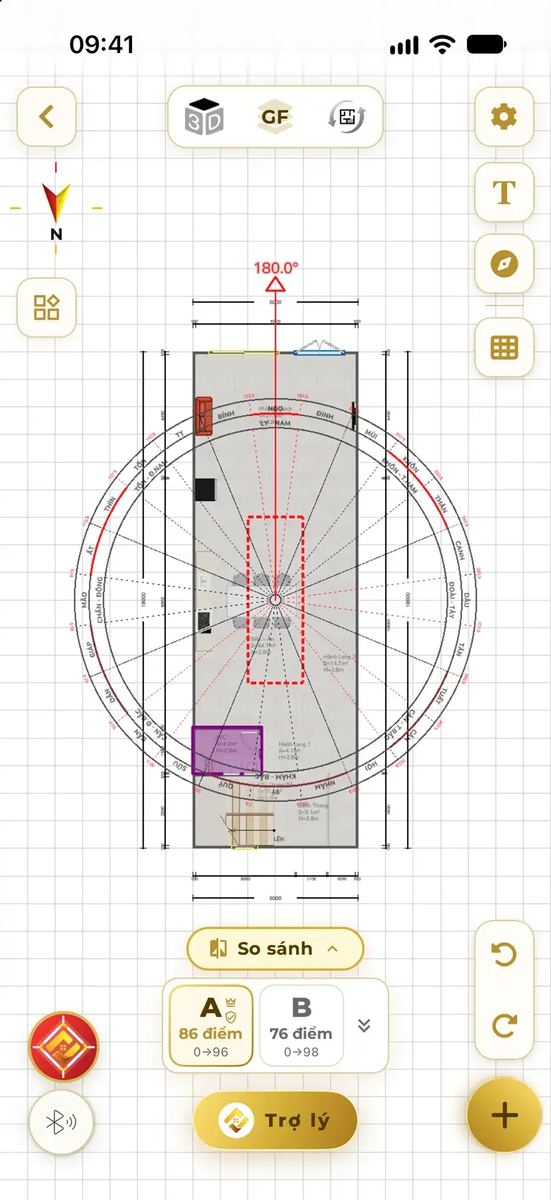 The same plan after a thorough fix: kitchen-dining moved to the middle, WC moved to the back corner, option strip A 86 points with feng shui raised from 0 to 96, B 76 points from 0 to 98