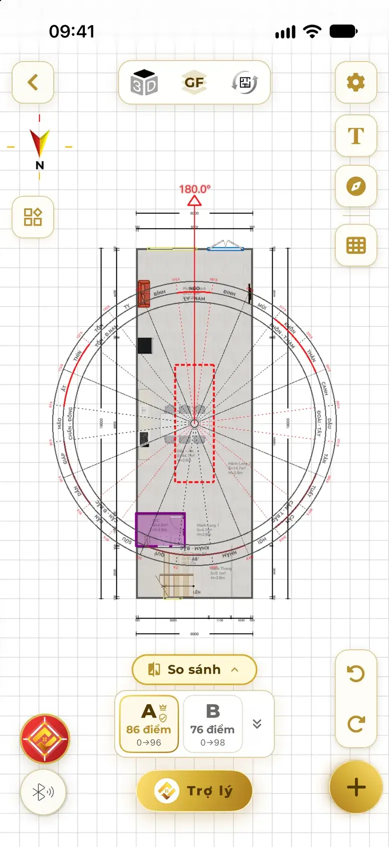 The plan after a thorough feng shui fix: the 24-mountain compass over a 180° plan, option strip showing A at 86 points with feng shui raised from 0 to 96