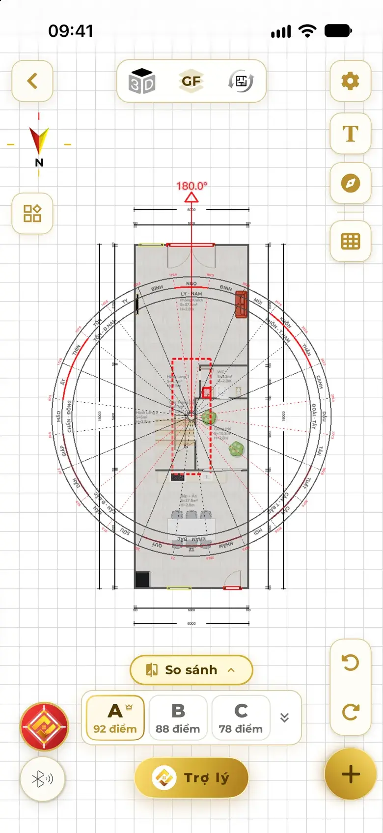 One-tap feng shui check, facing 180°: compass over the plan, the centre palace outlined in red dashes because of a WC and stairs, option strip A 92, B 88, C 78 points