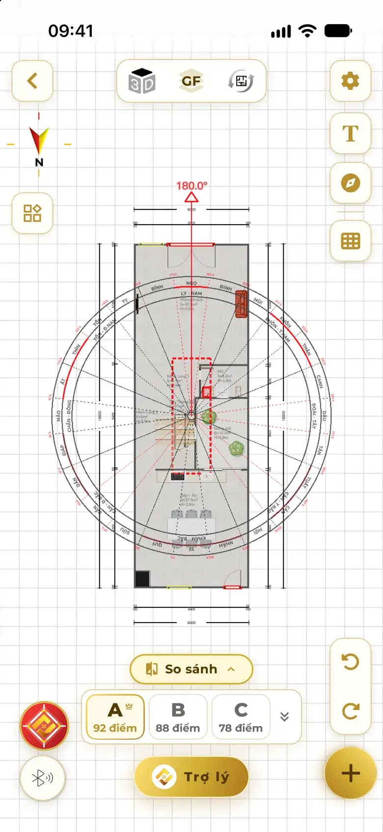 Before the fix: polarity at 180°, the centre palace zone with the WC and stairs dashed in red.