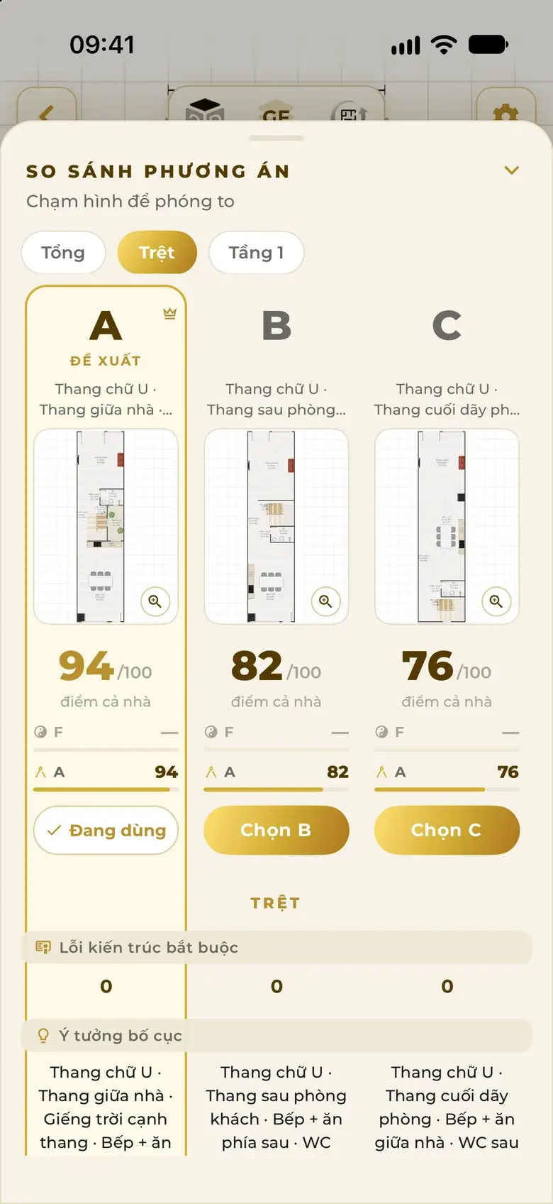 Compare options on the Ground tab: the ground-floor plans of the three options side by side