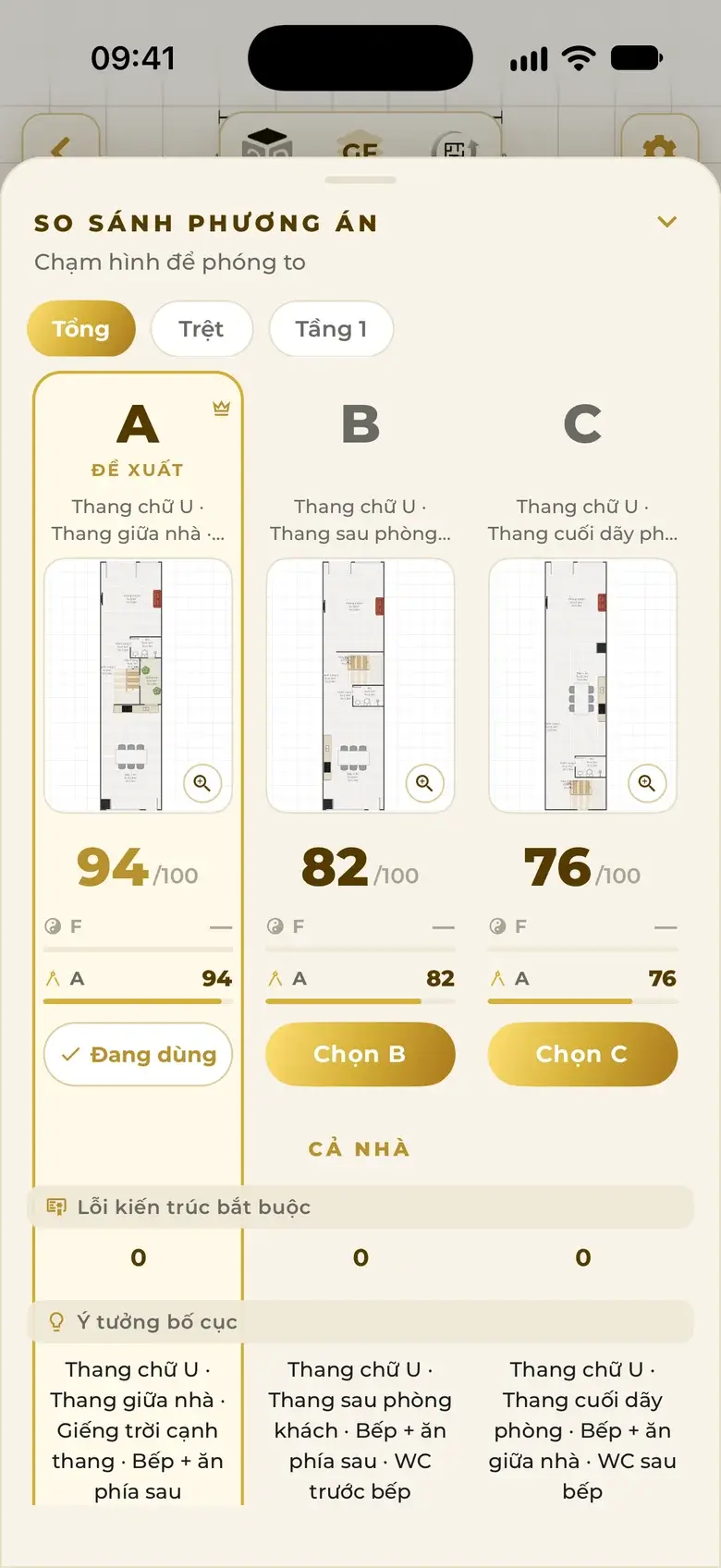 Compare options, Total tab: options A 94, B 82, C 76 points, each column with a plan thumbnail, architecture score, zero mandatory architecture errors and the layout idea