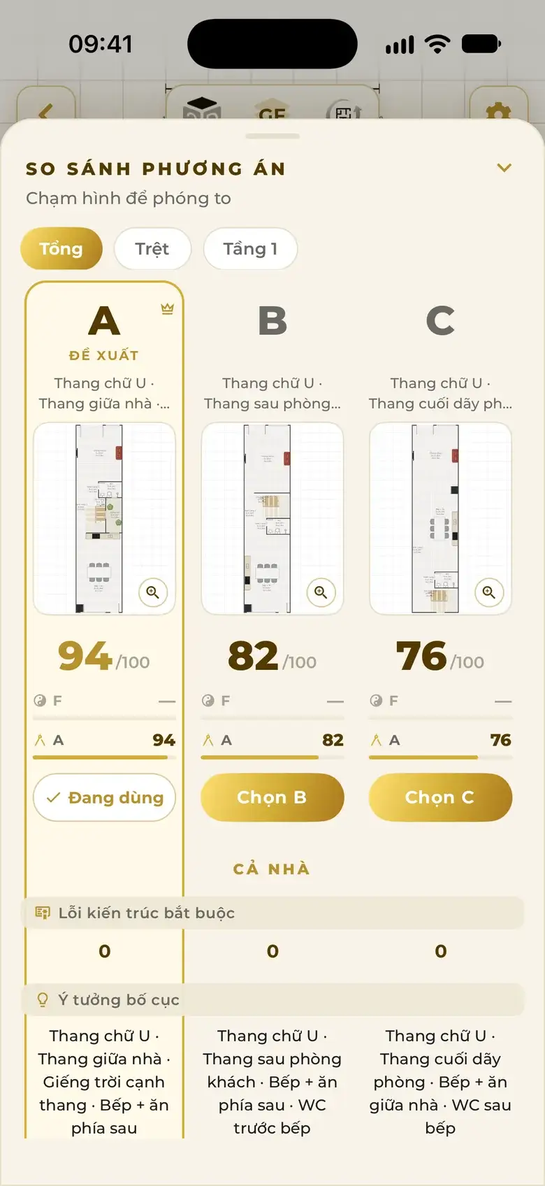 Comparison of options A, B and C: floor plan, total score out of 100 and the layout idea behind each option.