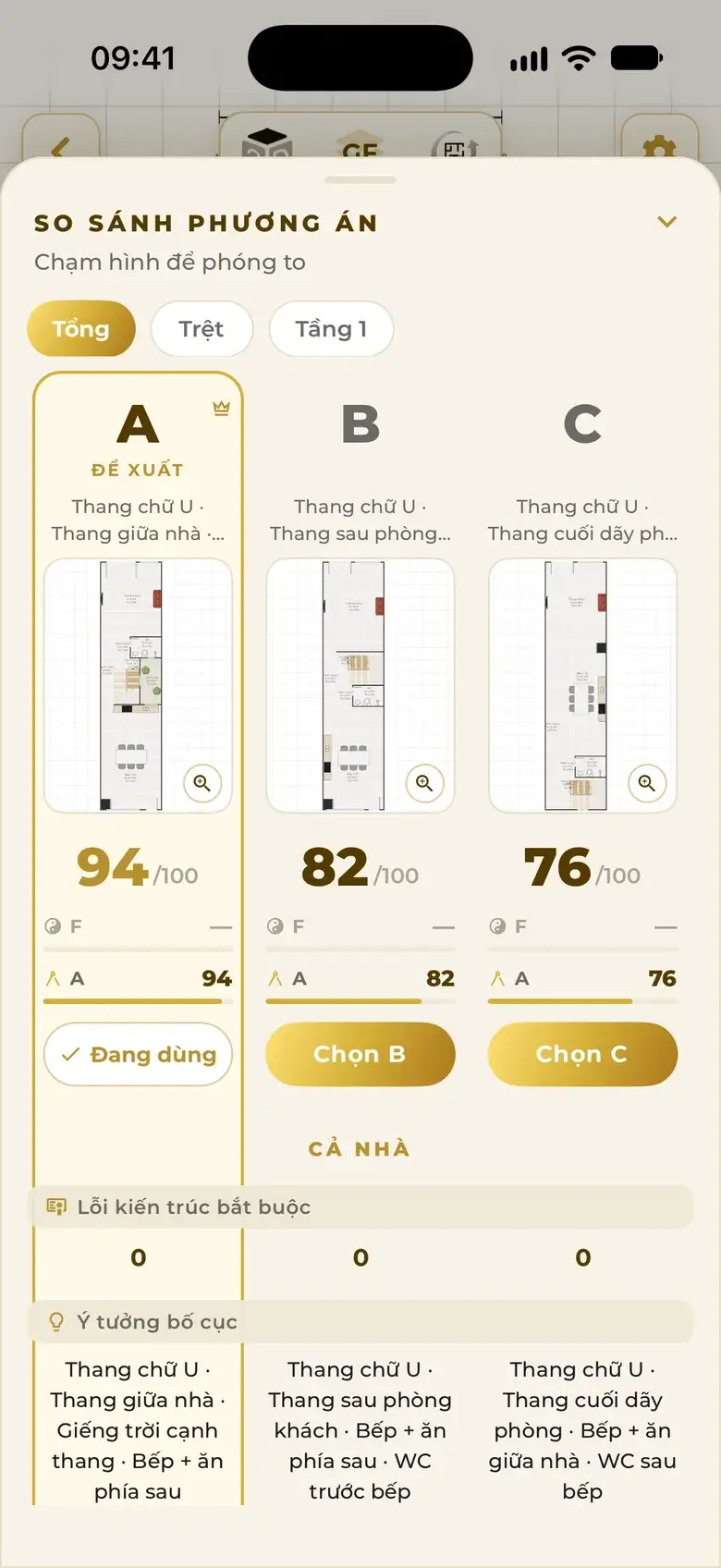 The comparison table for options A, B and C: plan thumbnails, scores of 94, 82 and 76 out of 100, and the layout idea of each option