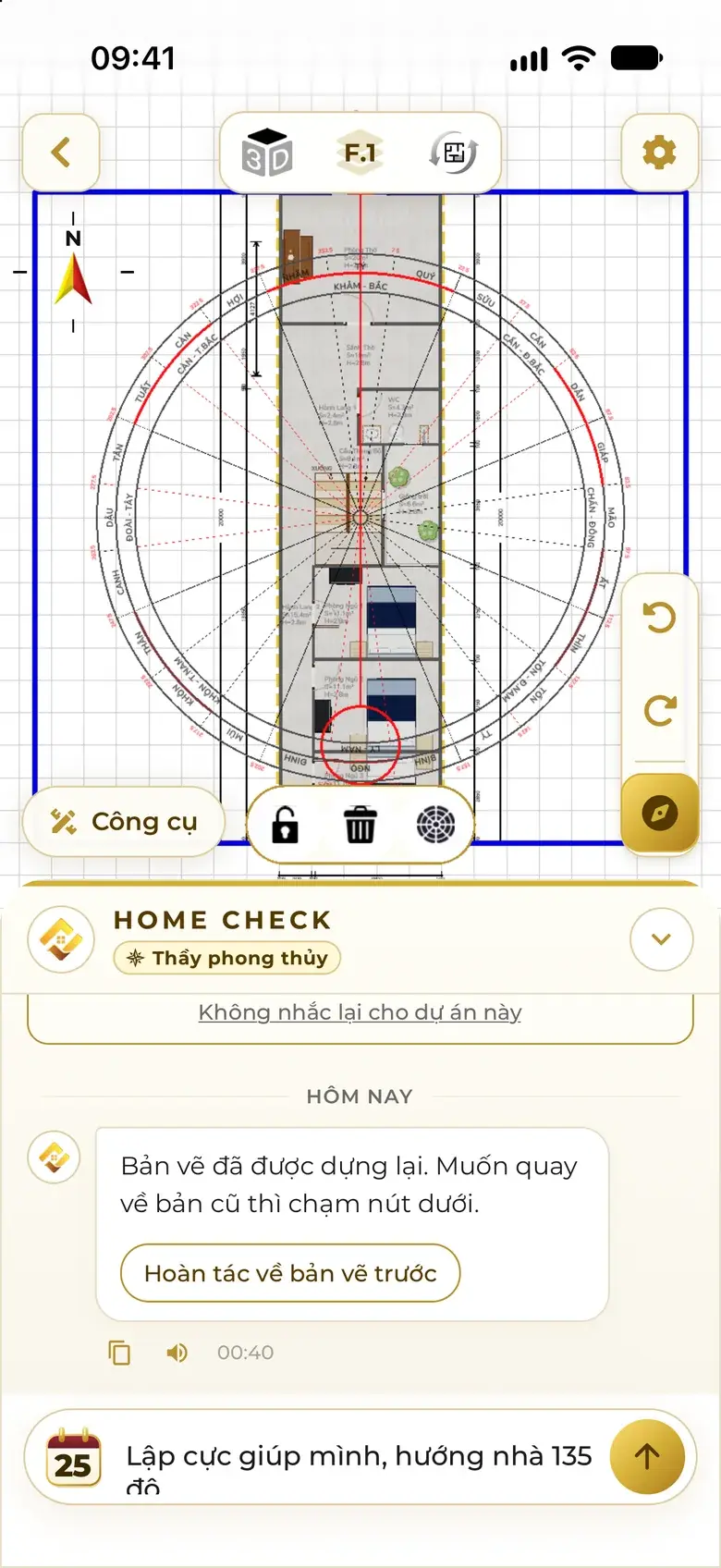 The editor with a compass over the plan and the assistant panel below; the user is typing “Set the orientation for me, the house faces 135 degrees”