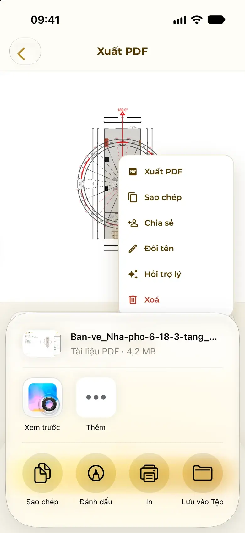 The app's Export PDF screen: a PDF of the 6×18 three-floor townhouse drawings, buttons Preview, Copy, Markup, Print, Save to Files