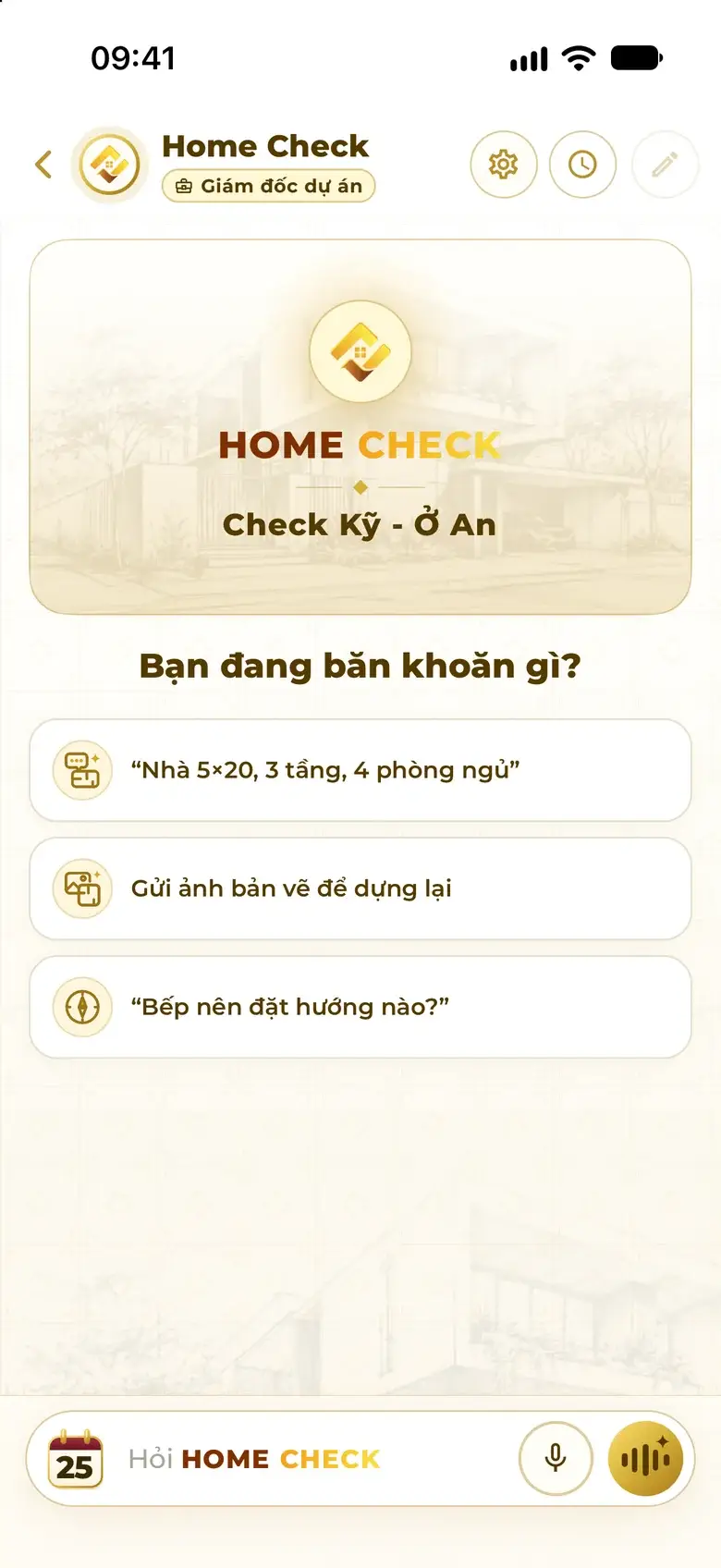General chat: the prompt “What's on your mind?” and three quick suggestions — describe a house, send a plan photo, ask about feng shui.