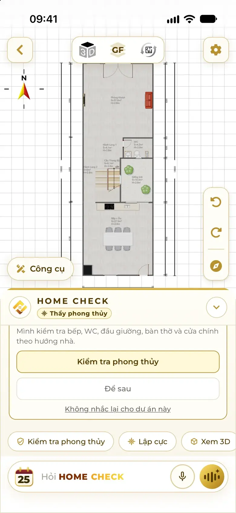 Real app screen: after one sentence in the general chat, the 3-floor plan is open in the editor; the Assistant, now Feng Shui Master, offers a feng shui check.