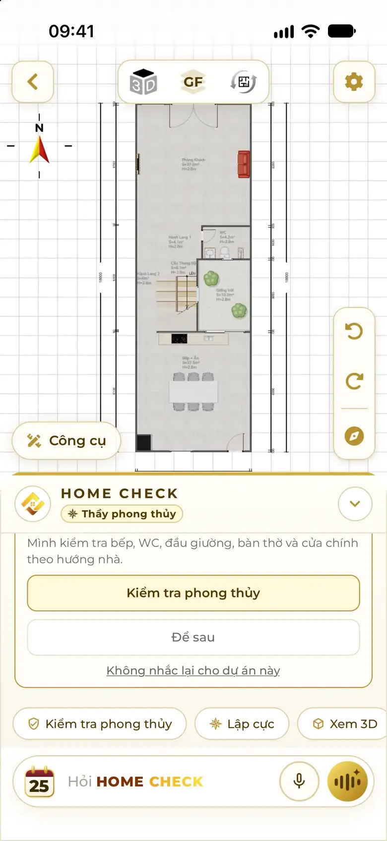 The app's chat screen: the user types one sentence; the Assistant draws the house, opens the plan editor, switches to the Feng Shui Master role and offers a feng shui check.