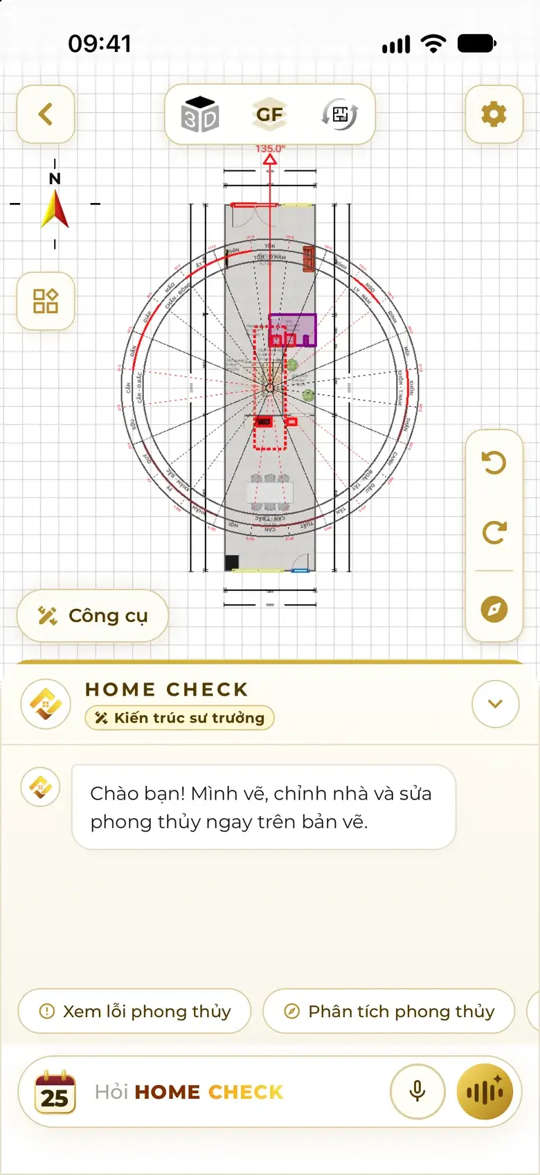 The Assistant inside the plan editor: a short greeting and context-aware suggestion chips such as View feng shui issues and Feng shui analysis.