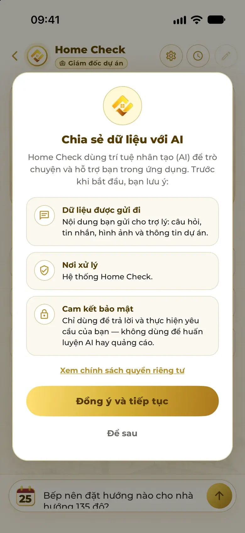 Real app screen: the “Share data with AI” box shown when you start chatting — what is sent, where it is processed, the commitment not to use it to train AI or for advertising.