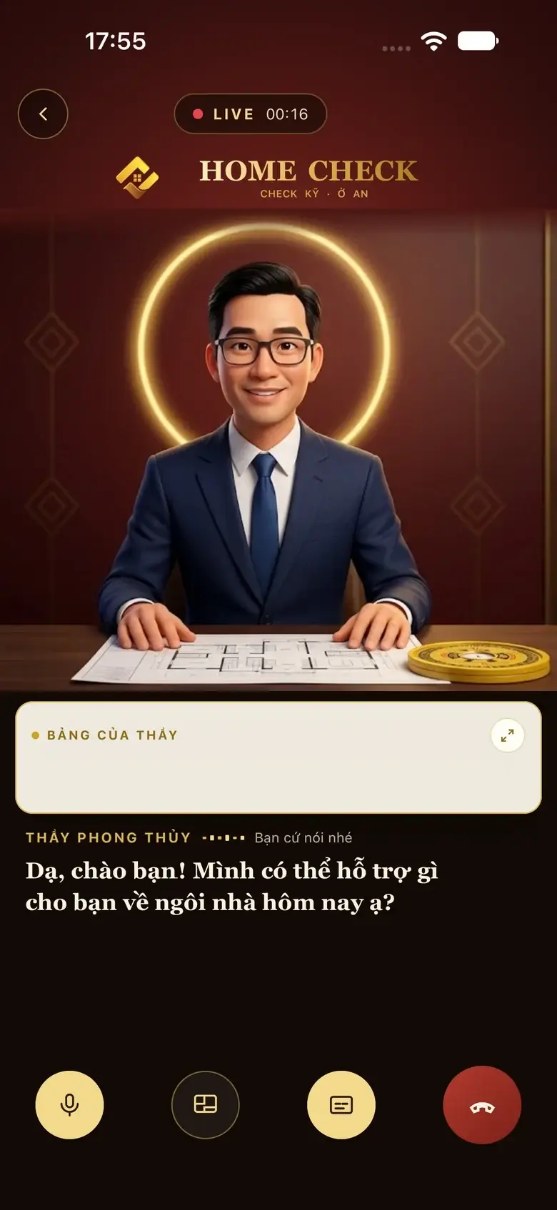 The app's Live screen: the AI feng shui master character seated at a desk in an office greets the user by voice, with subtitles below.