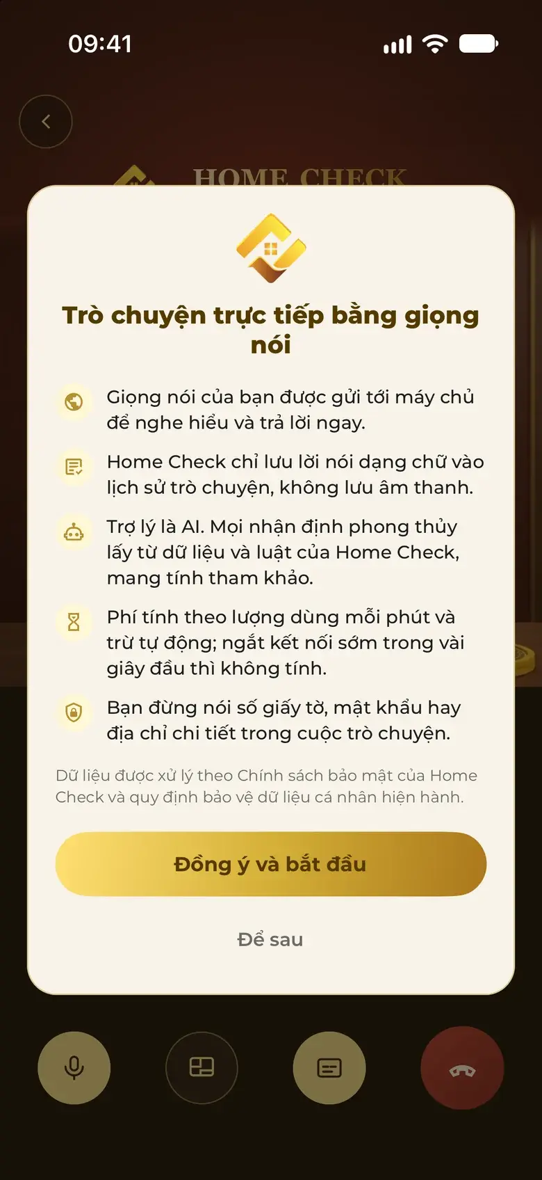 Real app screen: the consent box before Live — voice is sent only to understand you, text is kept and audio is not, the assistant is AI.
