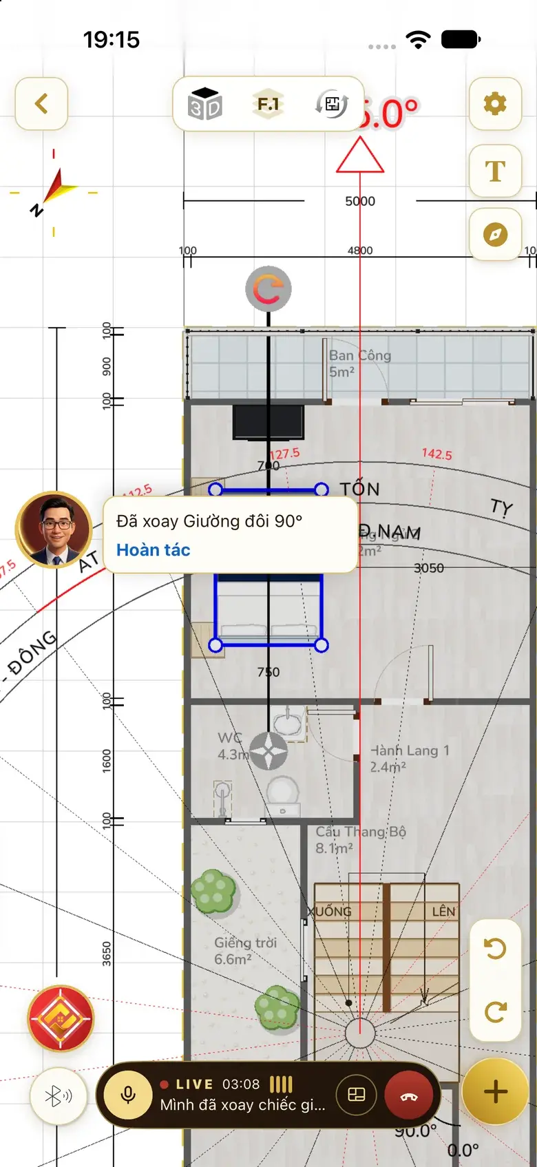 Real app screen: Live inside the plan editor — the character in the corner reports “Rotated the double bed 90°” with an Undo button, the bed selected on the plan.
