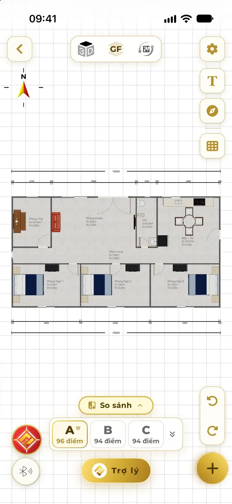 Real app screen: a one-floor 15×8 m wide house — altar room, living room, WC, kitchen-dining at the front, three bedrooms at the back; option strip A 96, B 94, C 94 points.